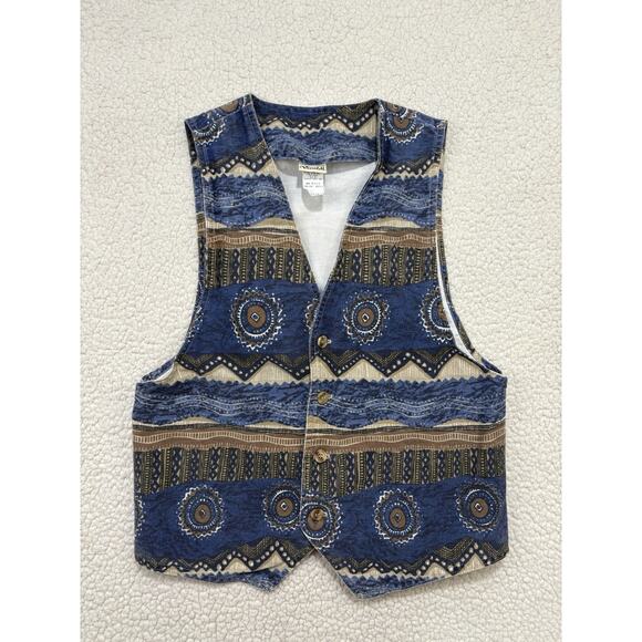 vivaldi jeanswear Jackets & Blazers - Vintage Aztec Denim Vest Vivaldi Jeanswear USA Made Sz M 100% Cotton Blue Brown
